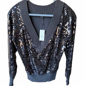 Express Black Sequin V-Neck Sweater